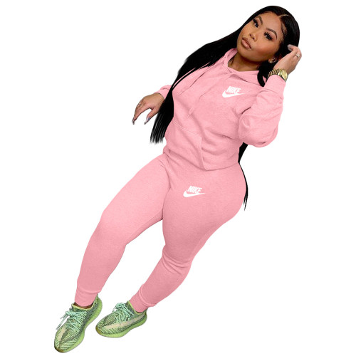 Fashion Pink Two Piece Women Set Embroidery Letter Hoodie Two Piece Pants Set
