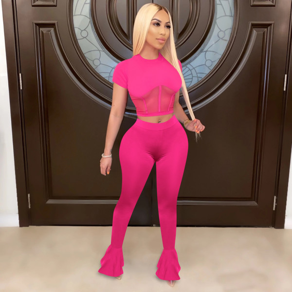 Rose Women Fitness Mesh Stitching Clothing Wear Flared Trousers Women Set
