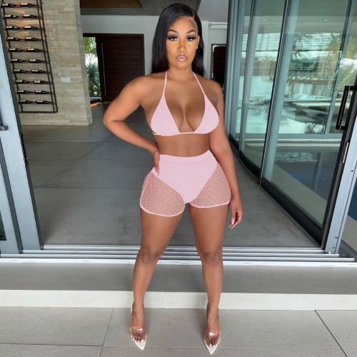 Summer Pale Pink Beachwear Sexy Mesh Sequined Two Piece Short Set