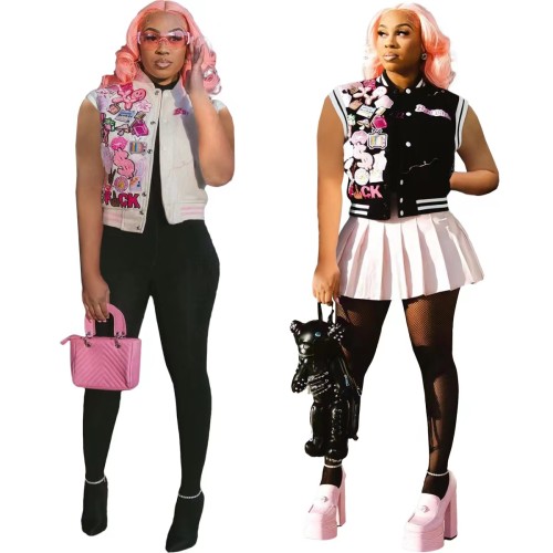 Fashion Print Single-breasted Baseball Jacket Sleeveless Tops