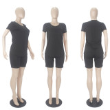 Fashion Solid Color V Neck Short Sleeve Shorts Set