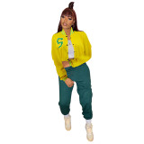 Casual Yellow Cropped Letter Print Varsity Baseball Jacket