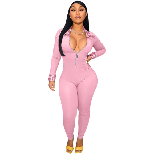 Light Pink Plaid Patchwork Zipper Up Long Sleeve Turn-down Neck Skinny Jumpsuit