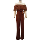Women Slim Ruffle Off Shoulder Short Sleeve Solid Long Pants Jumpsuit with Belt