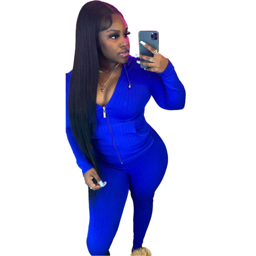Solid Color Blue Pit Zipper Cardigan Hoodie Blouse Trousers Set For Winter Women