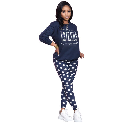 Casual Print Letter Tie Dot Shirt and Trousers 2 Pcs Set