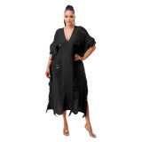 Solid Color Manual Knitted Sheer Fringed Dress