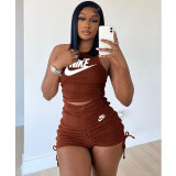 Brown Ladies Pyrography Shirring Tank Top Shorts Casual Two Piece Set