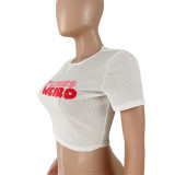 White Stretch Thread Alphabet Print Cropped T-shirt