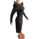 Sexy Black Zipper Puff Sleeve Plus Size Women Mid Dresses