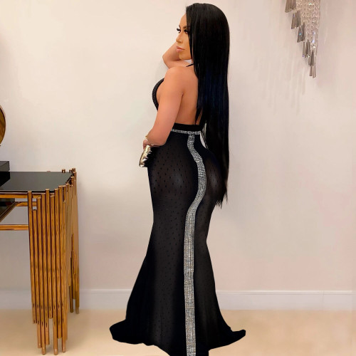 Hot Drilling Sleeveless Halter Perspective Maxi Dress