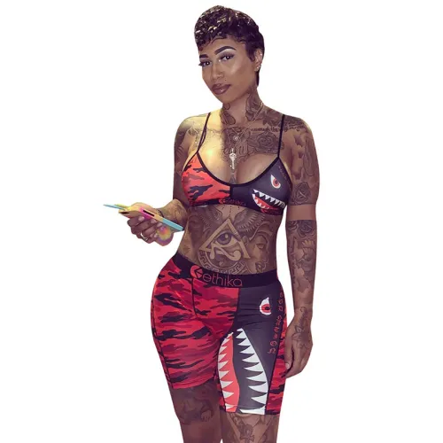 Camouflage Cartoon Sports Straps Pants Set