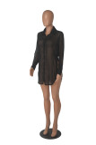 Solid Color Sexy See Through Single-breasted Lapel Slits Chiffon Shirt