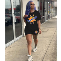 Women Tracksuits Outfit Casual Solid Color Graphic Print Short Sleeve Shorts Two-Piece Set