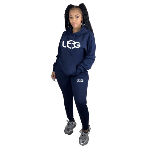 Dark Blue Autumn Winter Women's Clothing Printed Plush Hooded Sweatpants Sets