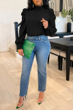 Women Bow Back Stand Neck Puff Long Sleeve Blouses Tops