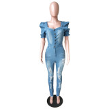 Casual Puff Sleeve Denim Jet White Ripped Jumpsuit