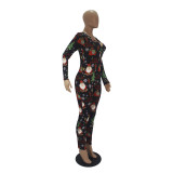 Casual Christmas Printed Long Sleeve Trousers Homewear Jumpsuit