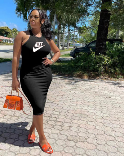 Black Printed Casual Sleeveless Pit Midi Dress