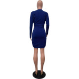 Solid Color Long Sleeve V Neck Open Cross Bodycon Club Dress