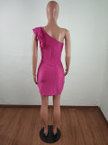 One Shoulder Ruffled Sleeves Mini Dress