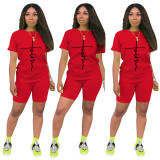 Casual Women Red Printed Sweatpants Set Two Piece Shorts Set for Summer