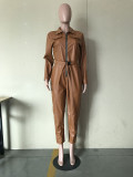 PU Leather Zip Tight Jumpsuit with Belt