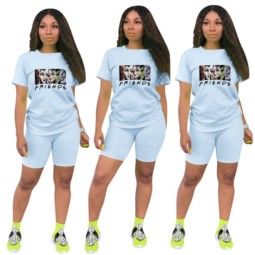 Fashion Light Blue Ladies Shorts Tracksuit Printed Avatar Women Short Sets