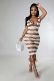 Women Summer Casual Striped V Neck Bodycon See Through Sexy Knit Rib Tassel Beach Dress