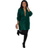 Solid Sequin Loose Turndown Neck Shirt Dress