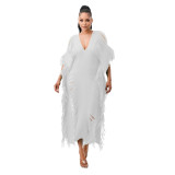 Solid Color Manual Knitted Sheer Fringed Dress