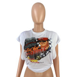 Casual White Cool Racing Print Bandage Hollowed Out Split Joint O Neck T-Shirts