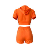 Solid Orange Zipper Cardigan Hooded Cropped Two-Piece Short Summer Set