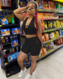 Black Sexy Solid Patchwork Halter V Neck Sleeveless Two Pieces