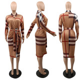 2023 Fashion Branded Sriped Stand Collar Single-breasted Mid Dress