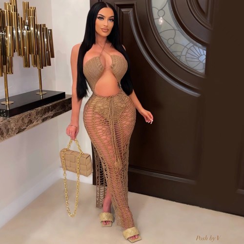 Khaki Solid Color Summer Elastic Fringed Side Slit Halter Beach Long Dresses