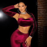 Rose Sexy Solid Korean Velvet Patchwork Halter Long Sleeve Three Pieces