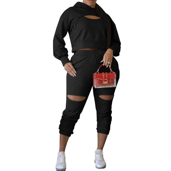Solid Color Black Drop-shoulder Hooded Sweatshirt Thick Sweatpants Set