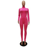 Solid Turtleneck Long Sleeve Bodycon Bodysuit Sports Elasticity Two Piece Pant Set