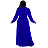 Blue Plus Size Loose Long Sleeve Swing Skirt Set