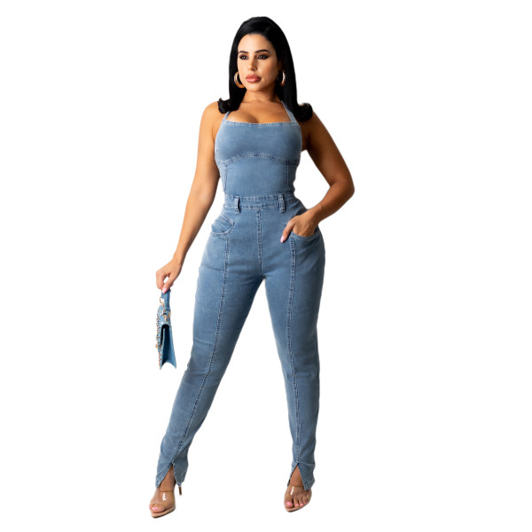 Sexy Backless Bandage Denim Jumpsuit