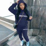 Casual Letter Pyrography Velvet Drawstring Kangaroo Pocket Hoodie & Pants Set