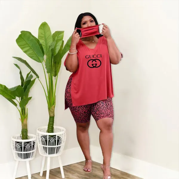 Casual Slit Leopard Print Letter Plus Size Two Piece Set Without Mask