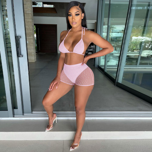Summer Pale Pink Beachwear Sexy Mesh Sequined Two Piece Short Set