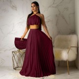 Casual Wine Red Pleated Straps Crop Top and Skirts Set