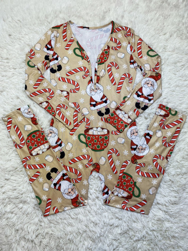 Casual Christmas Printed Long Sleeve Trousers Homewear Jumpsuit