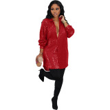 Solid Sequin Loose Turndown Neck Shirt Dress