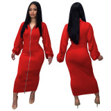Ruched Lantern Sleeve Zip Front Bodycon Dress