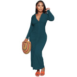 Solid Color V Neck Ruched Maxi Dress