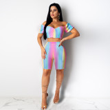 Casual Short Sleeve Gradient Rainbow Off The Shoulder Crop Top Short Two-Piece Set
